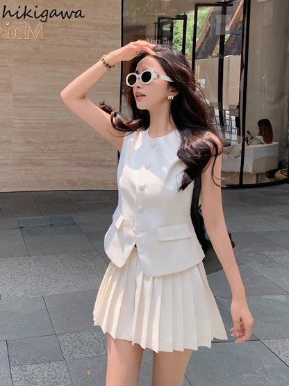 Womans Clothes for 2025 Two Piece Set Sleeveless Tunic Vest Coat High Waist Pleated Mini Skirts Outfits Chic Korean Summer Suit