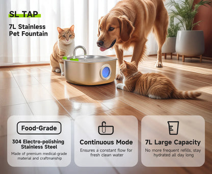 Apetdola 7L/236oz Dog Water Fountain Stainless Steel Dog Water Bowl Automatic Pet Drinker Water Dispenser for Multiple Pets