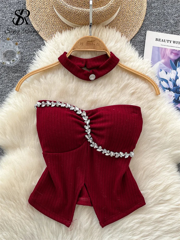 SINGREINY Strapless Sexy Ladies Top Summer Halter Beading Design Split Camisole Korean Skinny Streetwear Hotsweet Tank Top