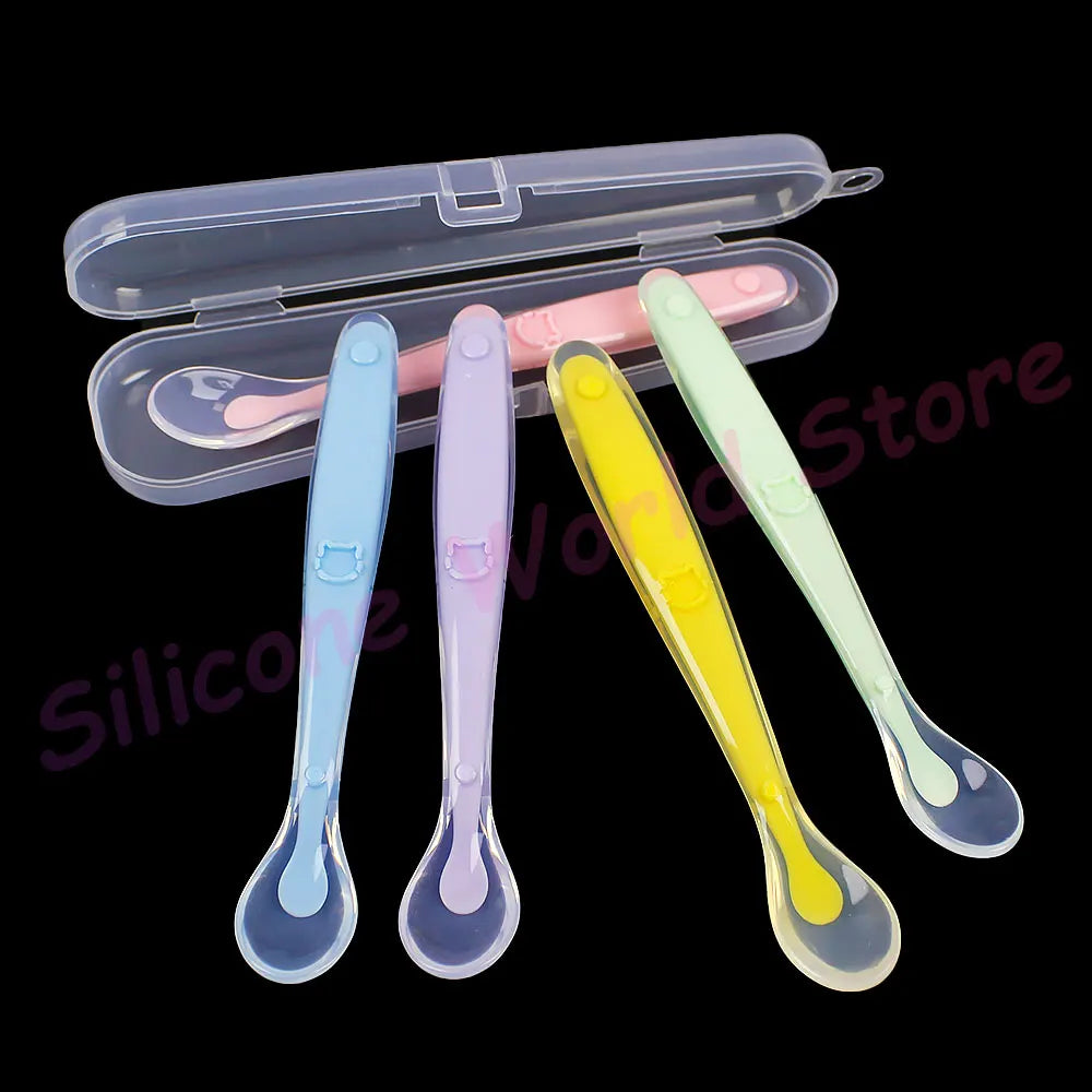Silicone World Baby Complementary Food Silicone Spoon Training Spoon Soft Spoon Children's Feeding Tableware With Storage Box