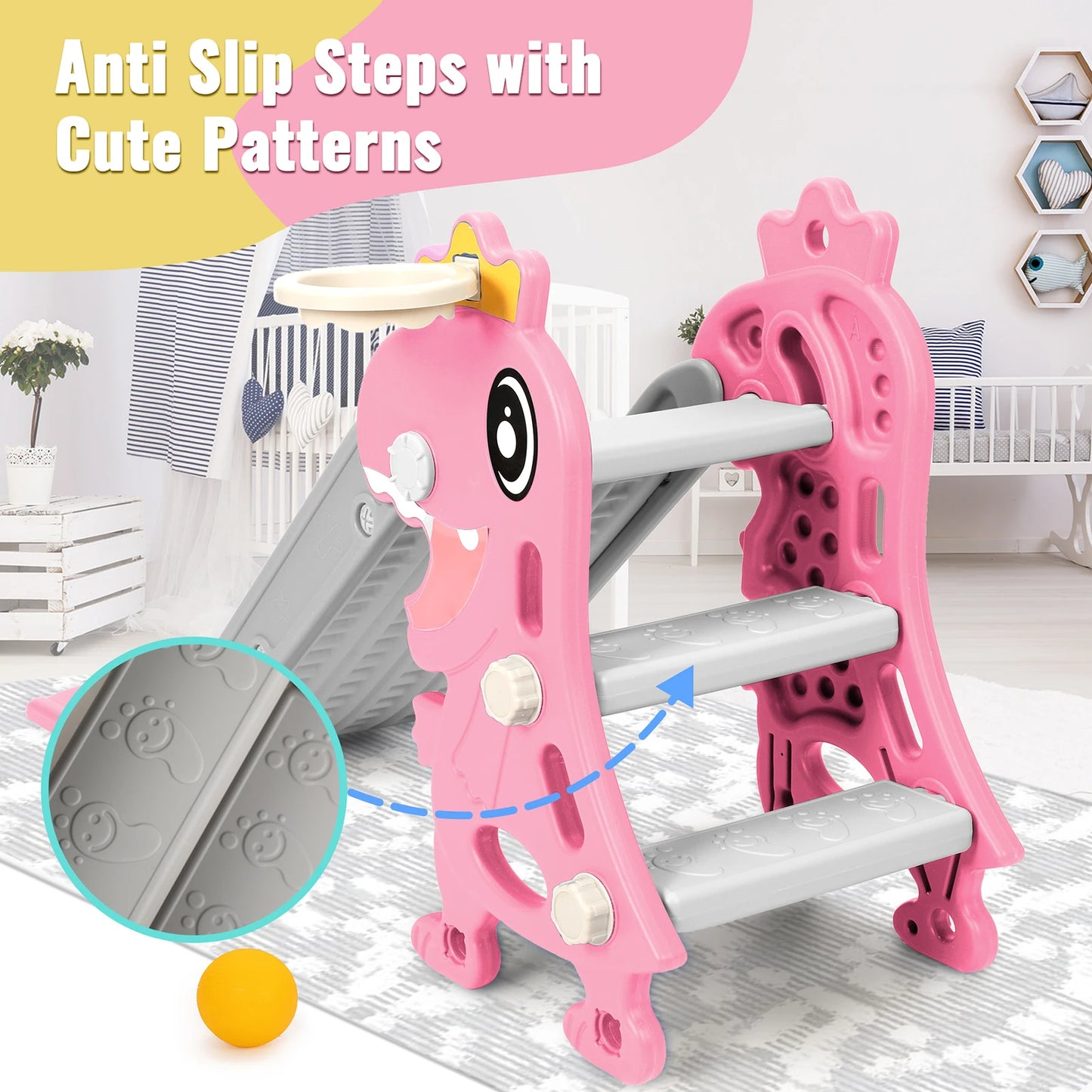 3 in 1Toddlers Slide Board Indoor Children Slide Kids Slide Dinosaur Shape Non Slip Stairs with Basketball Hoop Climber