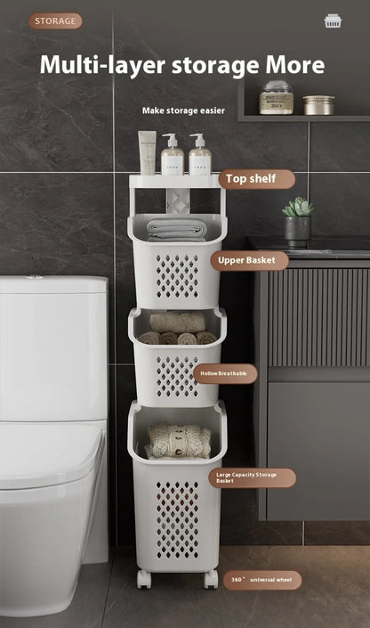 Multilayer Laundry Storage Basket Wheels Pp Plastic Laundry Baskets With Wheel Household Sundries Bathroom Toilet Storage Rack