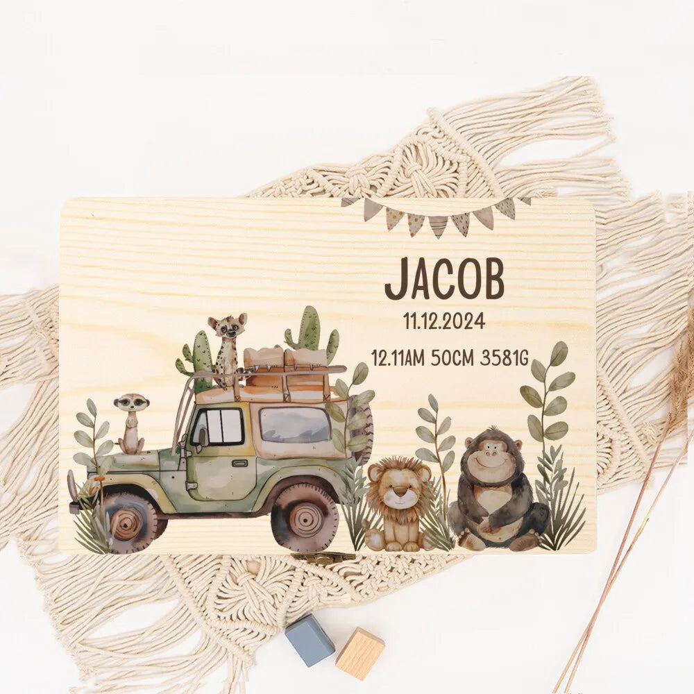 Baby Memory Box As A Gift for A Birth or Baptism Personalized Wooden Keepsake Boxes Newborn Animal with Name Birth Dates Case