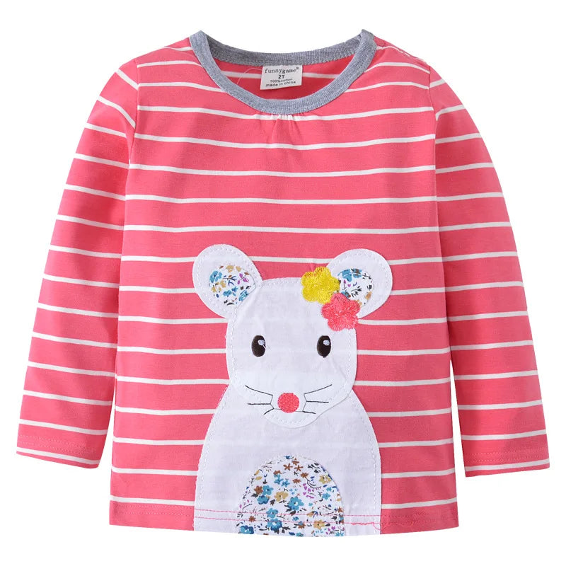 Baby Boys Girls 18-6T Striped Cartoon Tshirts With Applique Animal Kids Hot Selling Spring Autumn Clothes Designed Tops Clothing