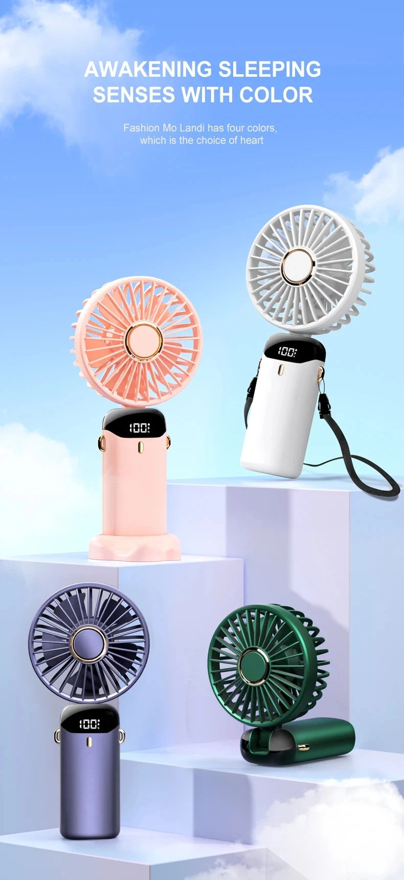 Portable mini fan that can be folded and hung around the neck, 5-speed USB charging fan, supporting phone and display screen,