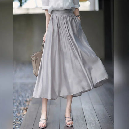 Skirts for Women Silk Clothing Office Satin Long Womens Skirt Maxi Grey with Pocket Formal Trend Korean Style Cheap Summer 2024