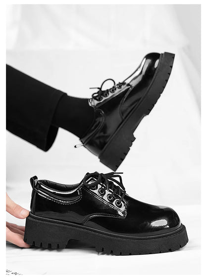 STRONGSHEN Men Patent  Leather Shoes Round Toe Casual Platform Business Shoes Fashion Wedding Banquet Party Formal Dress Shoes