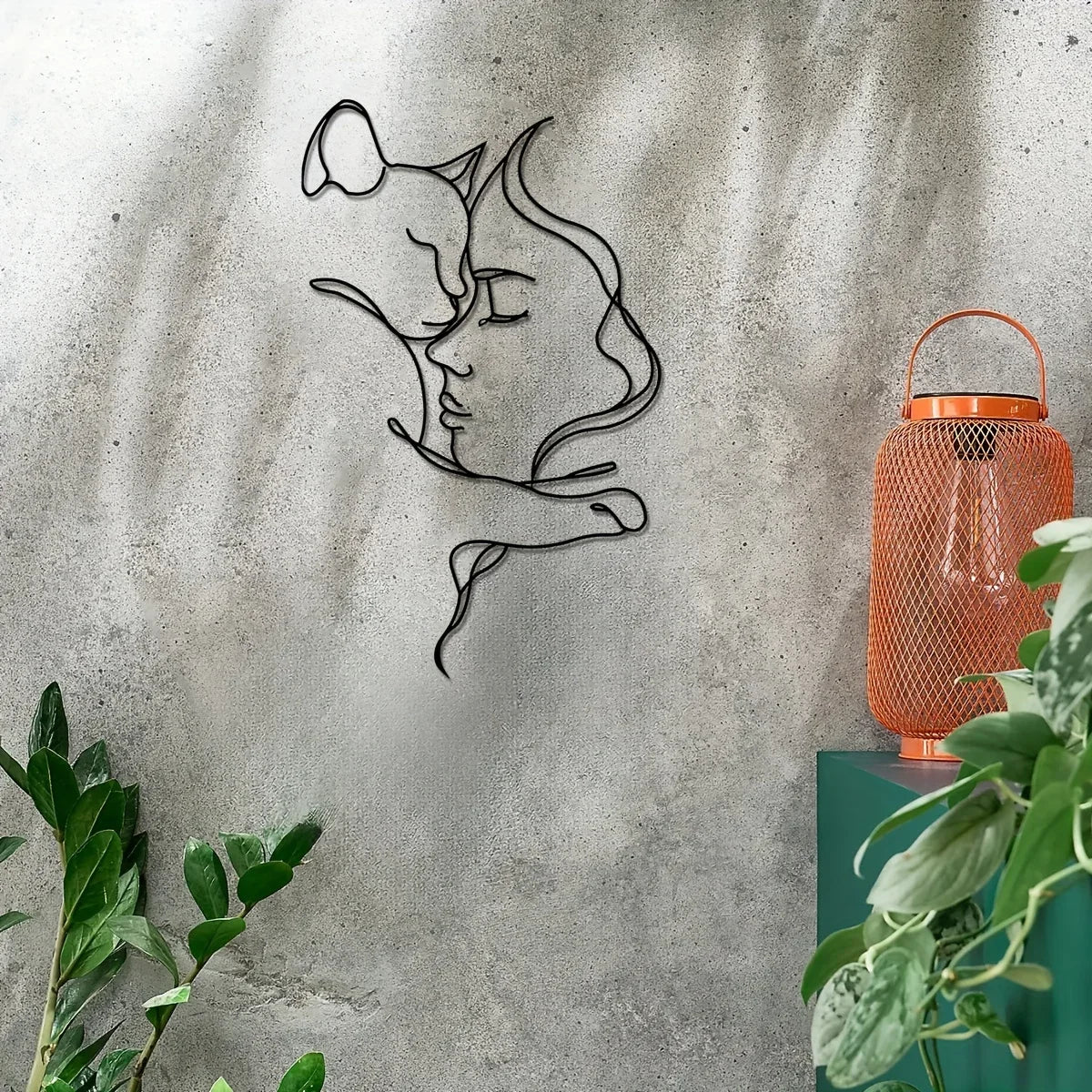 Elegant Cat and Woman Metal Wall Art - Minimalist Black Silhouette, Ideal for Cat Lovers & Sophisticated Home Décor