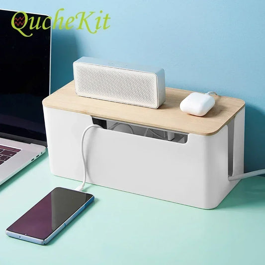 Cable Box With Wooden Cover Power Strip Wire Case Charger Socket Desktop Organizer Line Storage Box Power Board Wire Management