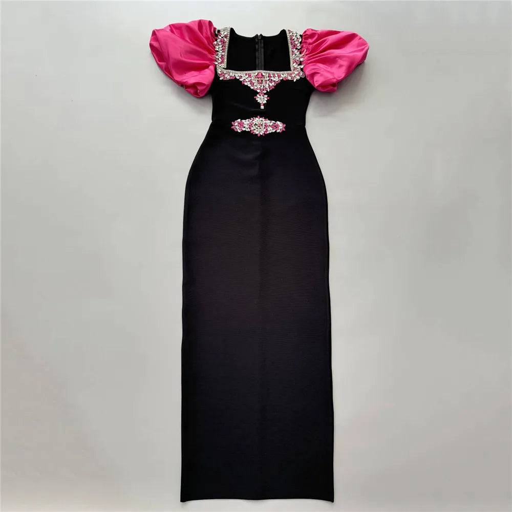 Women Elegant Puff Sleeve Bandage Dress Sexy Beading Bodycon Clothes Celebrity Party Evening Maxi Dresses