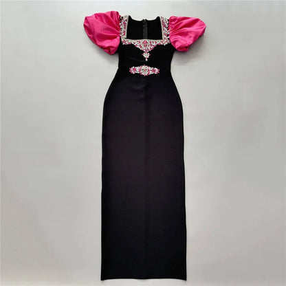 Women Elegant Puff Sleeve Bandage Dress Sexy Beading Bodycon Clothes Celebrity Party Evening Maxi Dresses