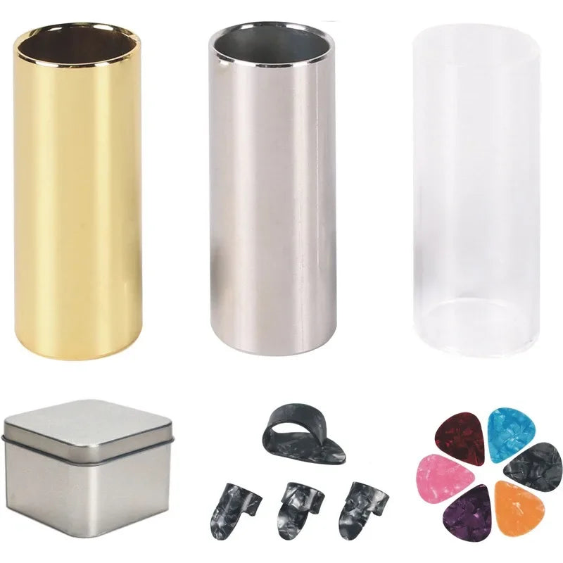 Guitar Slide, Set of 1 Acrylic Slide, 1 Steel Slide and 1 Brass Guitar Slide, Bonus 6 Pcs Guitar Picks, and 4 Finger Picks