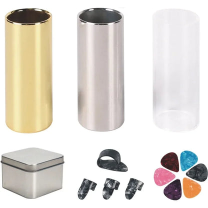 Guitar Slide, Set of 1 Acrylic Slide, 1 Steel Slide and 1 Brass Guitar Slide, Bonus 6 Pcs Guitar Picks, and 4 Finger Picks