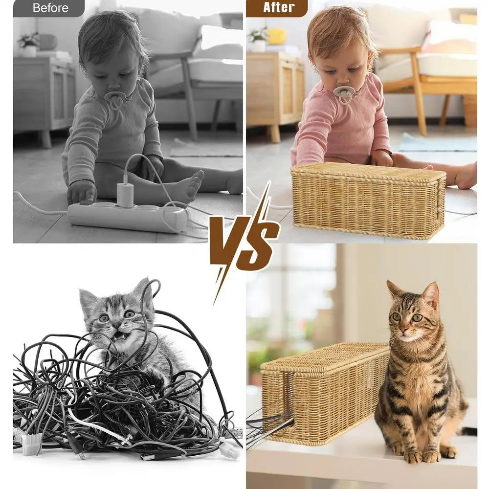 2 Open Slots Cords Power Board Hider Box Rattan Cable Management Box Cable Hider Organizer Breathable Cable Box Organizer