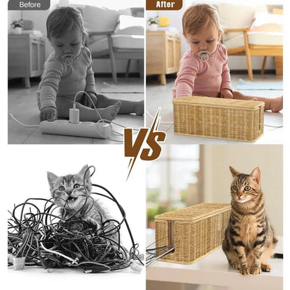 2 Open Slots Cords Power Board Hider Box Rattan Cable Management Box Cable Hider Organizer Breathable Cable Box Organizer