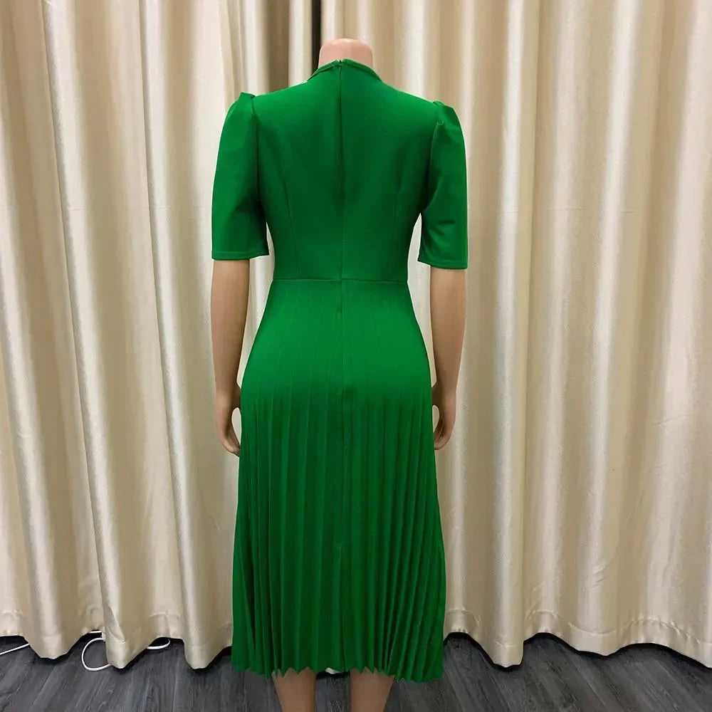 Elegant Office Dresses Pleated Woman 2025 New O Neck Short Sleeve Mid Calf Formal Business Work Wear Dress Midi Vestidos Mujer