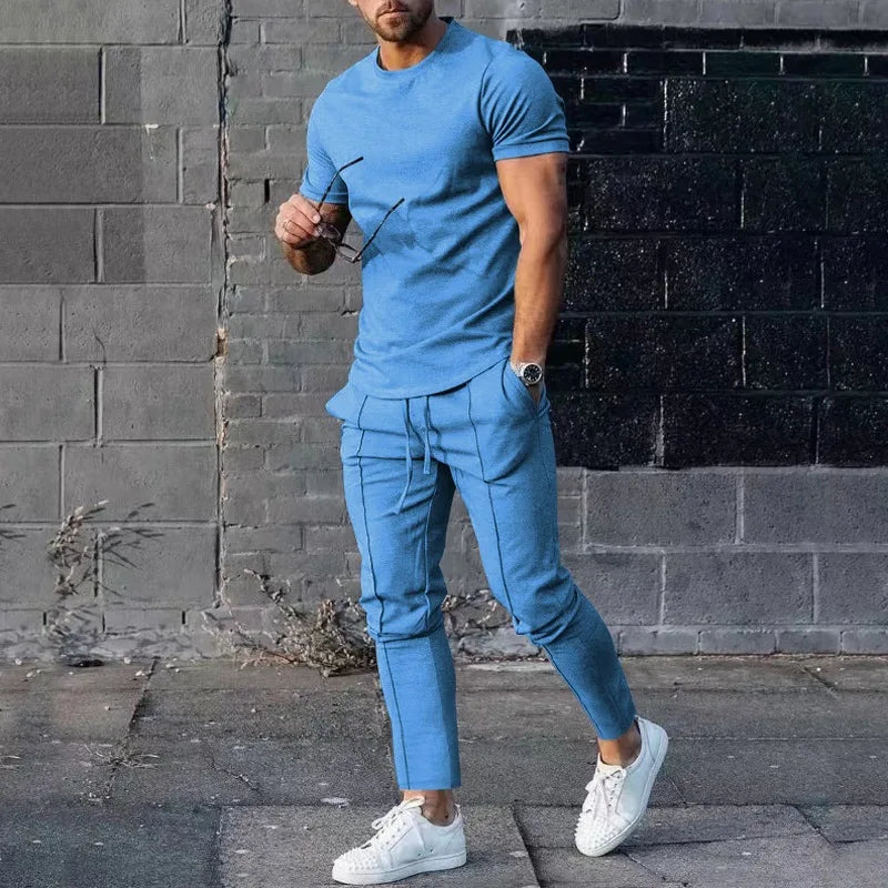 Sports Set Mens Fall 2023 Summer Solid Casual Round Neck Short Sleeve Sports T-shirt Two Piece Set for Men