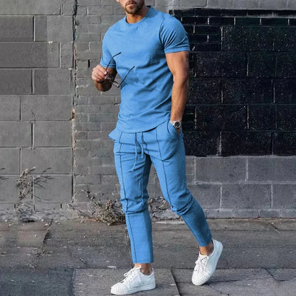 Sports Set Mens Fall 2023 Summer Solid Casual Round Neck Short Sleeve Sports T-shirt Two Piece Set for Men