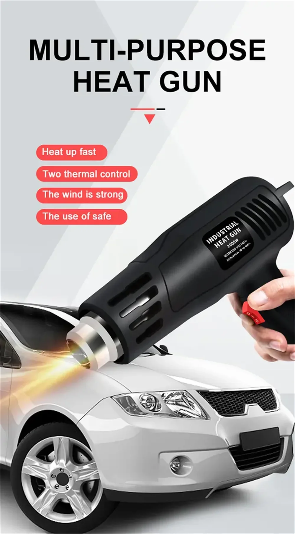 2000W Hot Air Gun High Power Temperature Regulating Industrial Electric Heat Gun Automobile Film Baking Gun Tool