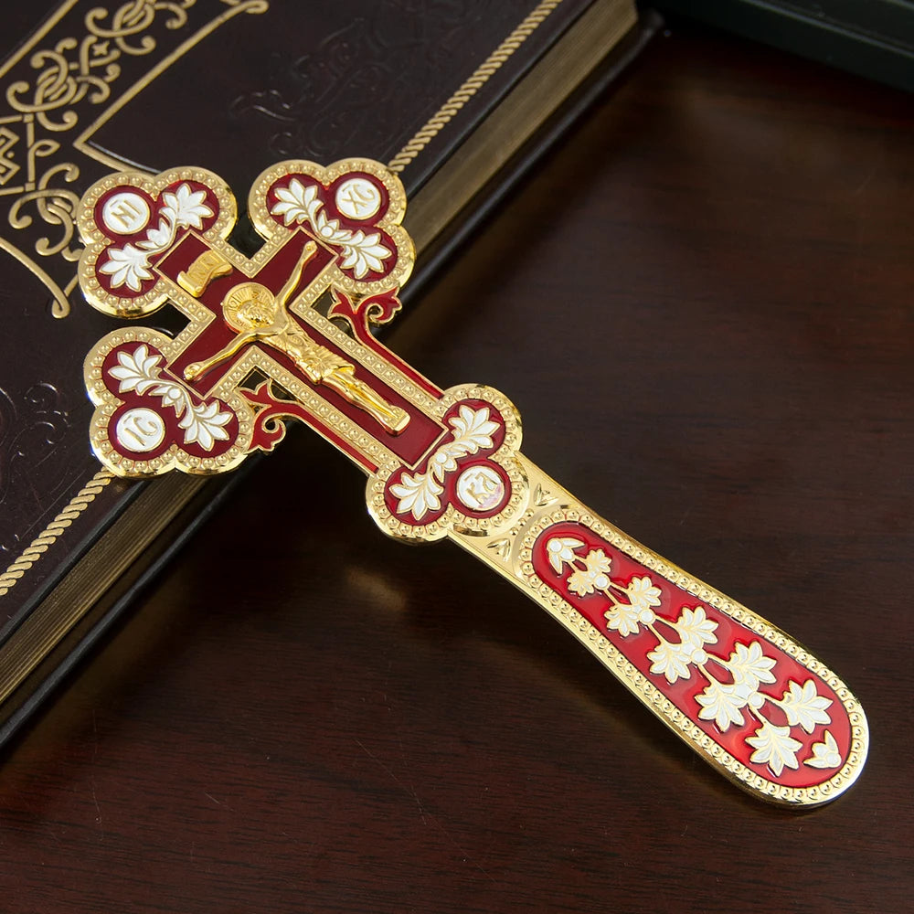 Orthodox Church Handle Blessing Church Cross Gold Plated Colorful Enamel Jesus Crucifix icon Cross With INRI For Prayer