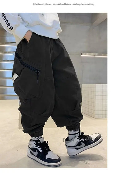 Boys Spring Autumn Children's Clothing Cargo Pants Children's Casual Large Size Sweatpants Boys Fashion Fake Zippers Cargo Pants