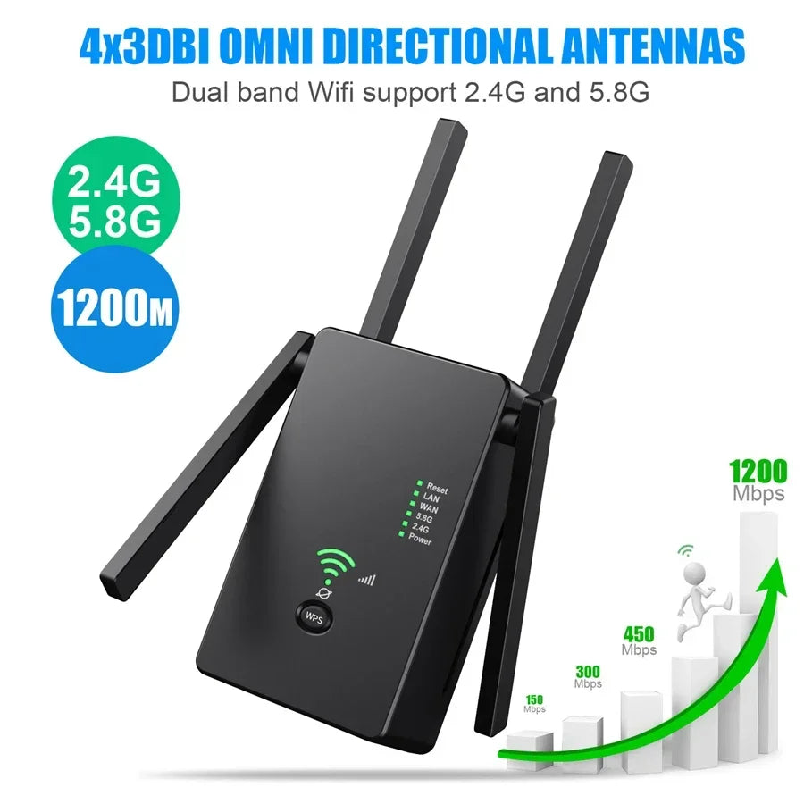 WiFi Booster 1200M Wifi Repeater 5GHz Wireless Router 2.4Ghz Access Point Long Signal Amplifier Range Extender for Home Office