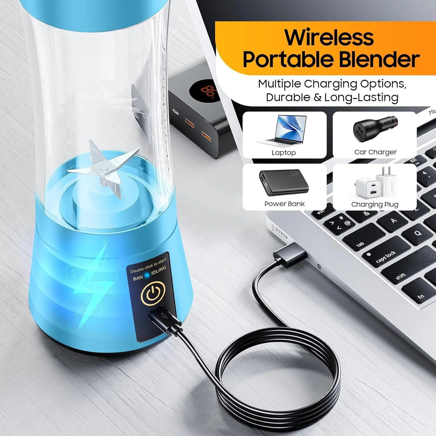 Cordless Portable Personal Size Blender - Mini Blender Make Smoothies and Shakes, 380Ml BPA Free Travel Cup for Office/Home/Gym