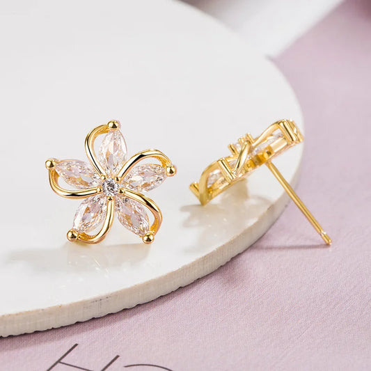 Dainty Flower Stud Earrings for Women Piercing Cartilage Ear Ring Cute Zircon Gold Color Women's Aesthetic Jewelry Gift