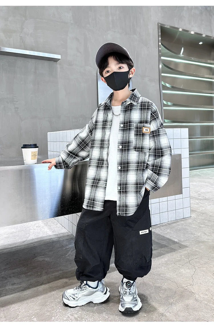 Baby Boys Shirts Fashion Classical Black White Color Plaid Blouse Gentlemen's Long Sleeve Shirt Teen Kids Tops Boys Clothes 5-14