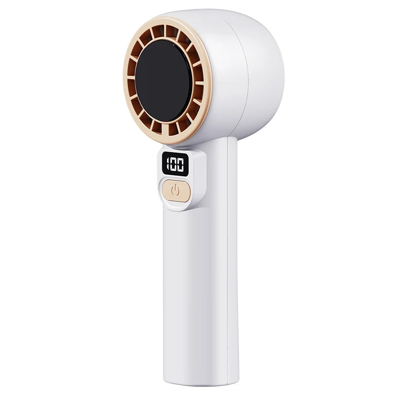 Digital display handheld fan with outdoor portability, USB rechargeable, featuring strong wind power, extended battery life.