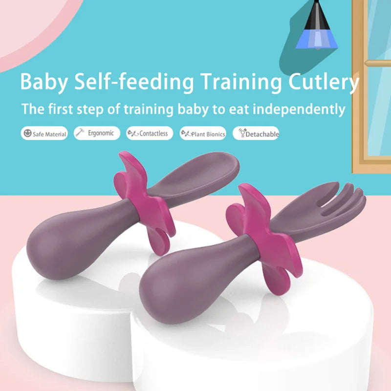2pcs/set Food Grade Silicone Mini Fork Spoon For Baby petal  Print Utensils Set Feeding Spoon Learn To Eat Children's Tableware