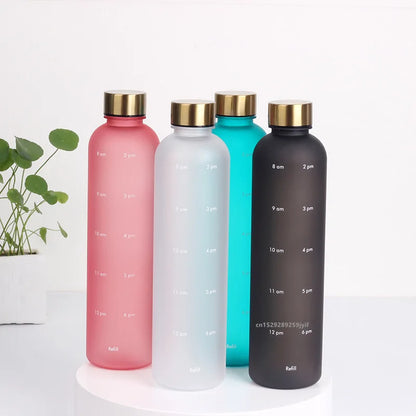 1L Water Bottle With Time Marker 32 OZ Motivational Reusable Fitness Sports Bottles Outdoors Travel Leakproof Frosted Plastic