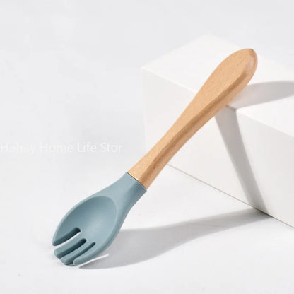 Baby Silicone Feeding Set with Wooden Handle Soft Training Spoon and Fork for Kids