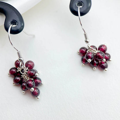 Cute Cluster Natrual Garnet Beads Dark Red Grape 925 Sterling Silver Hook Drop Dangle Earrings For Women Girls Jewelry Handmade