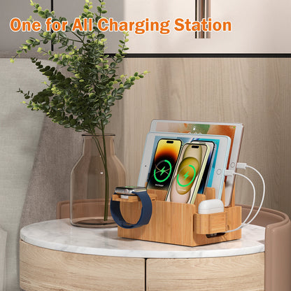 Bamboo Charging Station for Multiple Devices Desktop Docking Stations Holder for Cell Phone Tablet SmartWatch & Earbuds Stand