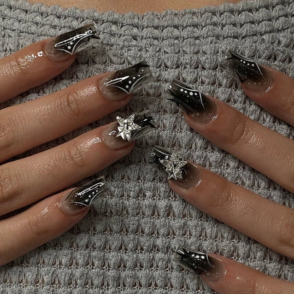 24Pcs False Nails Spicy Girl Silver Bow with Diamond Fake Nails with Glue Almond Press on Nails Black Cool Y2k Almond Nail Set