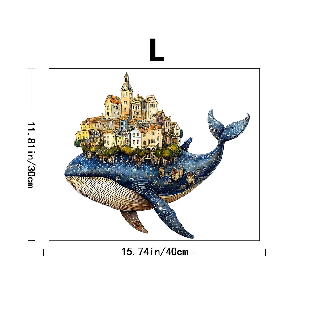 Artisan Whale Castle Wooden Puzzle – Handcrafted Animal Village, Intermediate Challenge & Marine Wall Art – Portable Family Game