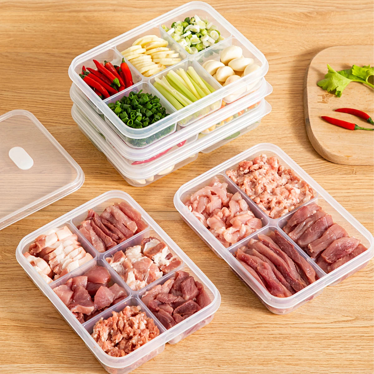 WORTHBUY 4/6-Grids Fridge Sealed Fresh-Keeping Box With Lid Plastic Freezer Food Storage Box Reusable Food Container For Kitchen