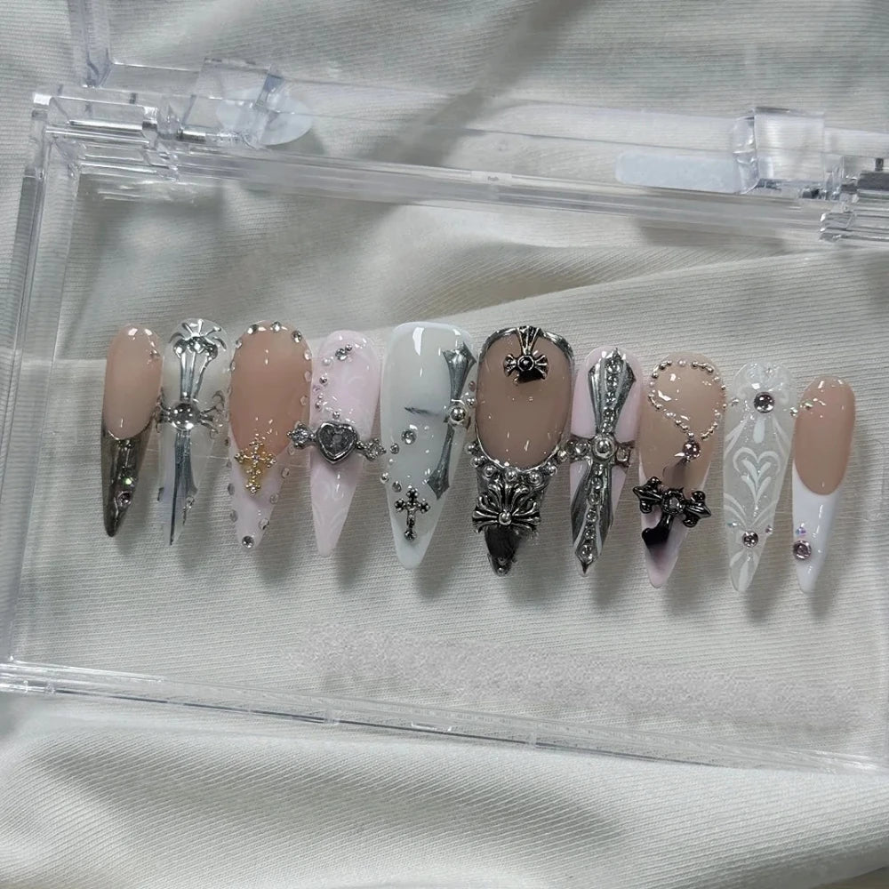 10PCS Handmade Manicure Press-On Nails French Style Medium Almond Shape with Blue Bow Design Includes Adhesive And Nail File Set