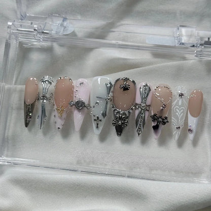 10PCS Handmade Manicure Press-On Nails French Style Medium Almond Shape with Blue Bow Design Includes Adhesive And Nail File Set