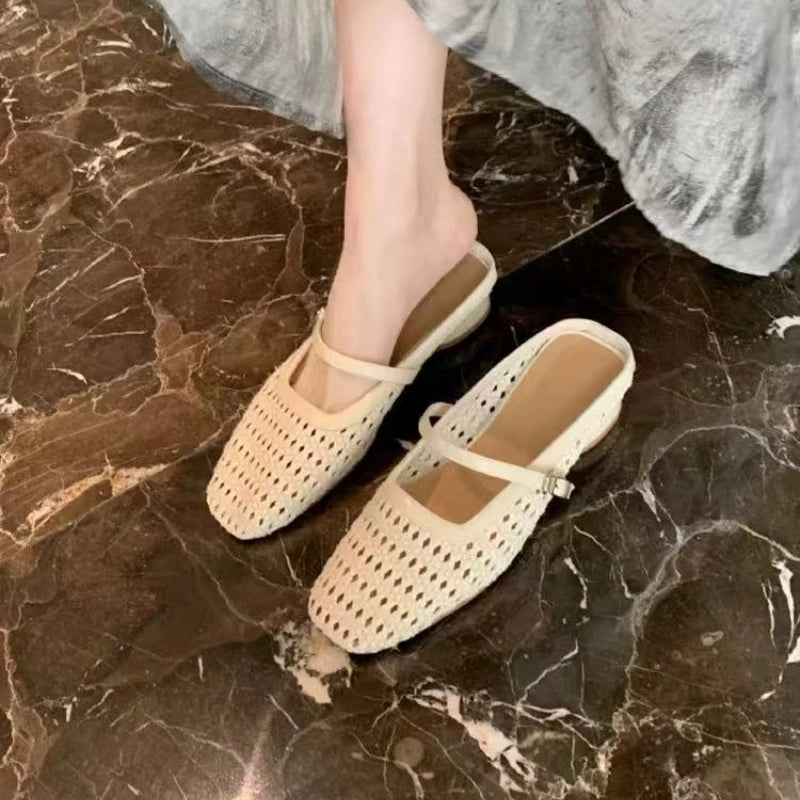 Fashionable slippers, women's hollow toe half-slippers, 2025 summer new square-toed low-heel comfortable women's shoes