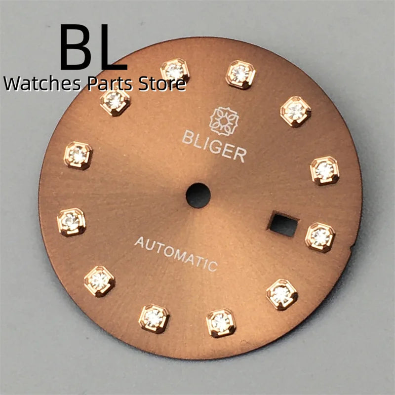 BLIGER 24.5mm Watch Dial Hand Set Sunburst Gray Rose White Mother Pearl Dial Roman Diamond Index Fit NH05 Movement Women Watches