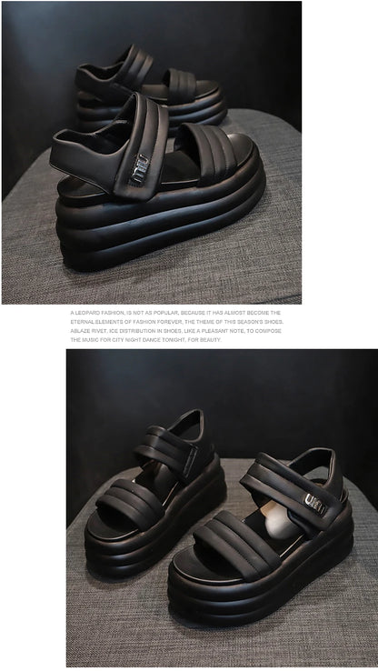 2025 Summer Women Chunky Sandals Leather High Platform Trainers Breathable Casual Slippers Shoes Woman 8.5CM Heels Wedge Sneaker