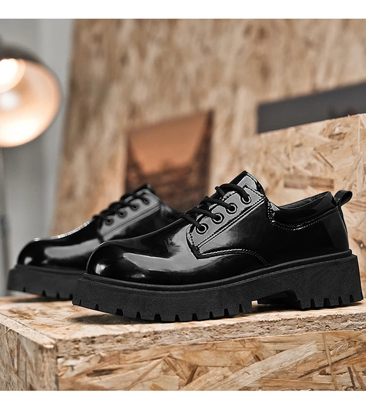STRONGSHEN Men Patent  Leather Shoes Round Toe Casual Platform Business Shoes Fashion Wedding Banquet Party Formal Dress Shoes