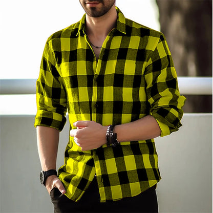Fashion Style Black And White Plaid Shirt Men's Long-sleeve Shirt Summer New Button Lapel Shirt Street Loose Casual Top Clothing