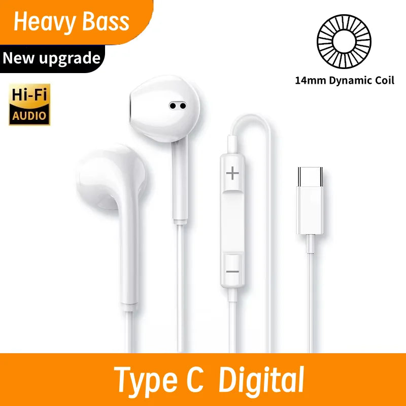 Type C Wired Headphones For Xiaomi 15 14 13 12 11 Redmi Phone 3.5MM Earphone For Huawei Samsung Earbuds Laptop With HD Mic