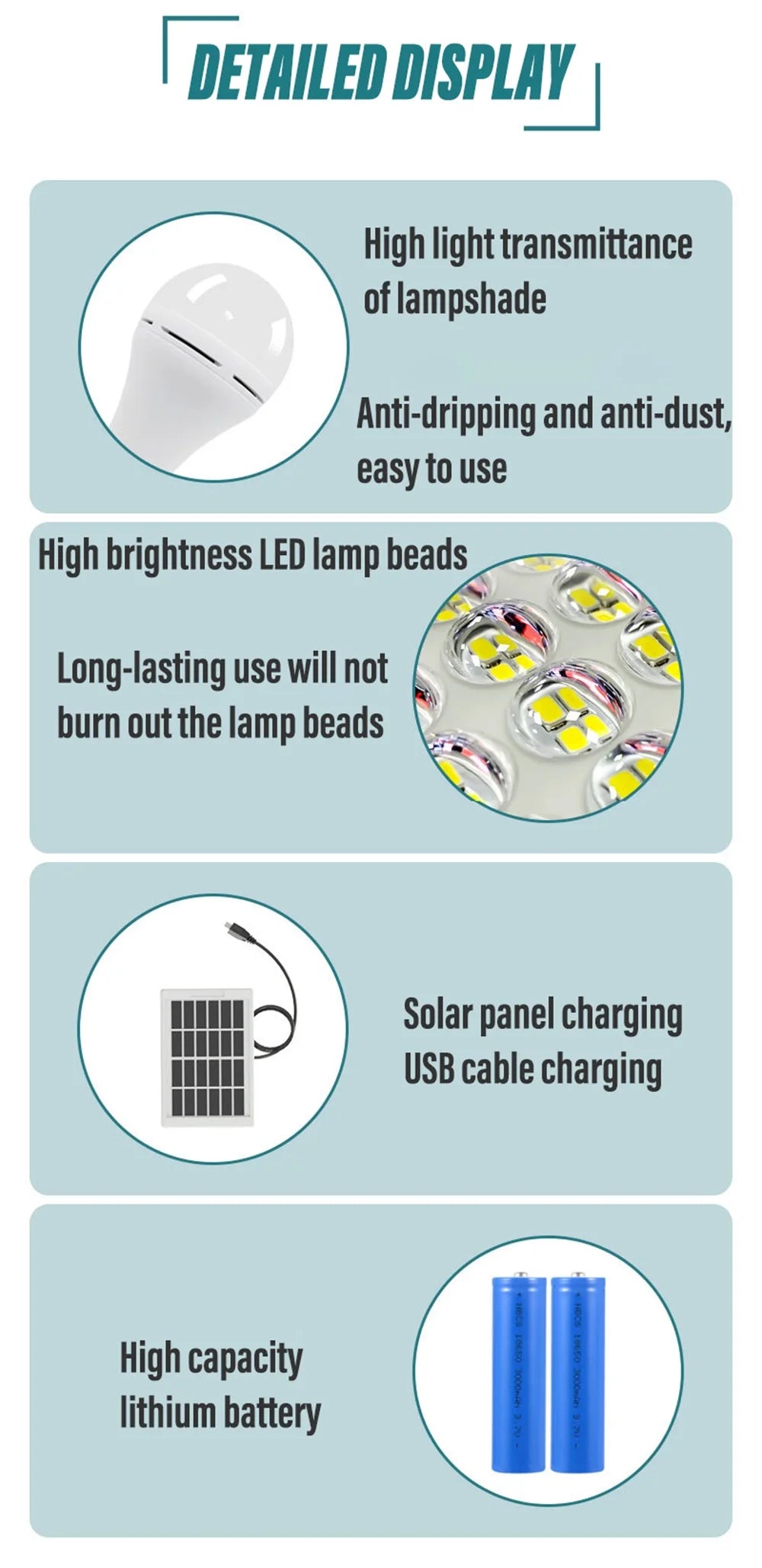 LED Solar Lamp Bulb Outdoor Waterproof Portable Solar Garden Hanging Light Hiking Fishing Emergency Lights