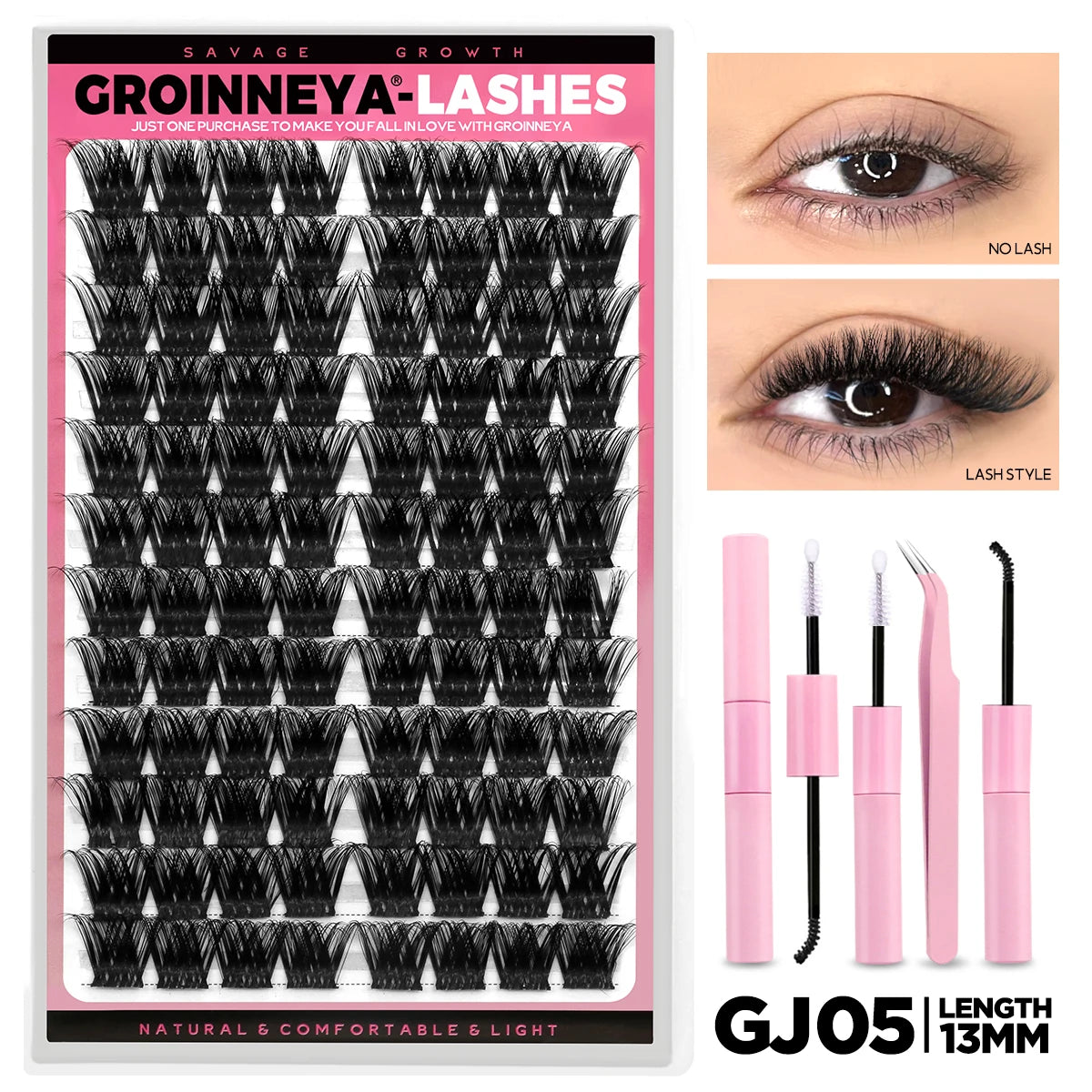 GROINNEYA Lash Clusters Kit DIY Lash Extension Volume Waterproof Individual Lashes Clusters Kit Lash Bond & Seal & Lash Tweezers