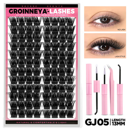 GROINNEYA Lash Clusters Kit DIY Lash Extension Volume Waterproof Individual Lashes Clusters Kit Lash Bond & Seal & Lash Tweezers