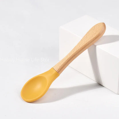 Baby Silicone Feeding Set with Wooden Handle Soft Training Spoon and Fork for Kids